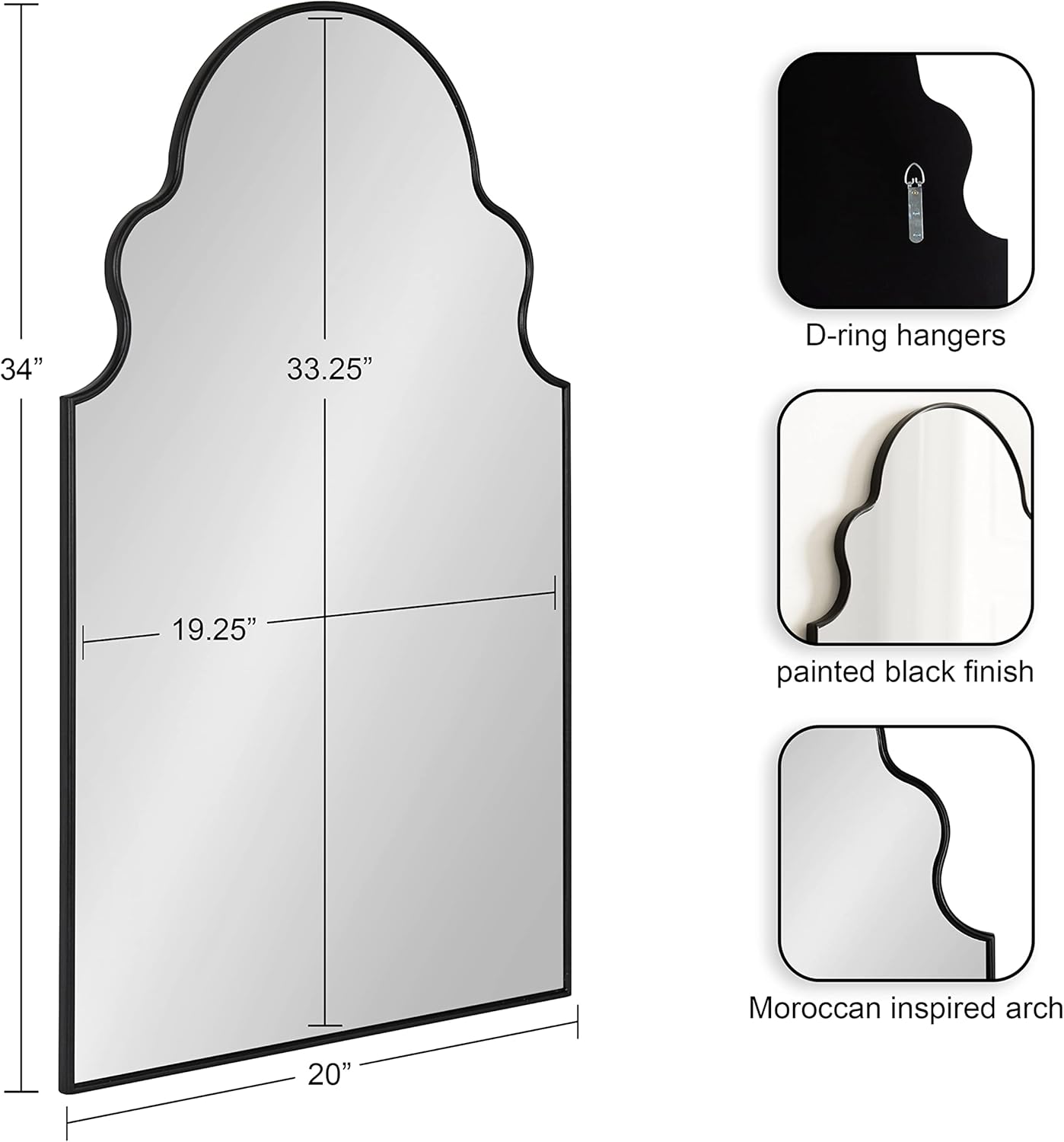 Kate and Laurel Vania Moroccan Arch Decorative Wall Mirror 20 x 34 Gold Modern Arched Scalloped Boho Mirror with Large Size for Stunning Home DecorBlack