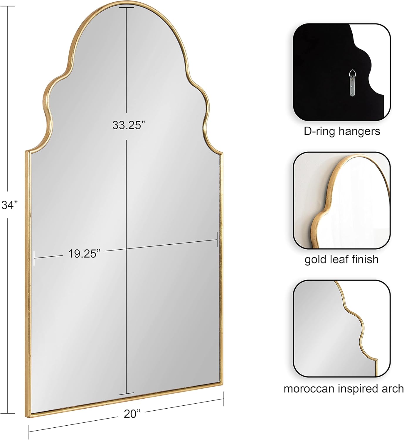 Kate and Laurel Vania Moroccan Arch Decorative Wall Mirror 20 x 34 Gold Modern Arched Scalloped Boho Mirror with Large Size for Stunning Home DecorGold