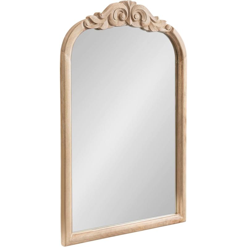 Kate and Laurel Arendahl Traditional Arch Wall Mirror 24 x 36 Natural Wood Vintage BaroqueInspired Wooden Arched Bathroom Mirror for Over Sink with Ornate Carved CrownNatural