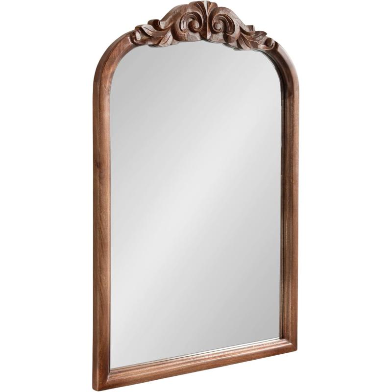 Kate and Laurel Arendahl Traditional Arch Wall Mirror 24 x 36 Natural Wood Vintage BaroqueInspired Wooden Arched Bathroom Mirror for Over Sink with Ornate Carved CrownWalnut Brown
