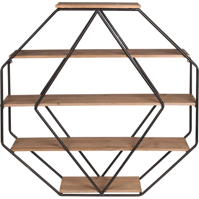 Kate and Laurel Lintz Large Octagon Shaped Floating Wood Book Shelves for Decorative Wall Display Black Metal Frame with Rustic Brown ShelvesRustic Brown