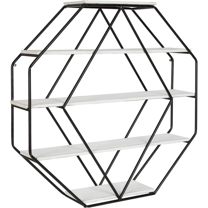 Kate and Laurel Lintz Large Octagon Shaped Floating Wood Book Shelves for Decorative Wall Display Black Metal Frame with Rustic Brown ShelvesWhite