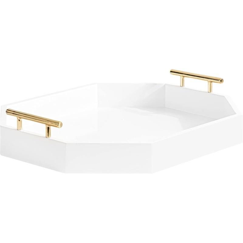 Kate and Laurel Lipton Oblong Octagon Decorative Tray 14 x 18 White and Gold Display Tray with Polished Metal Handles