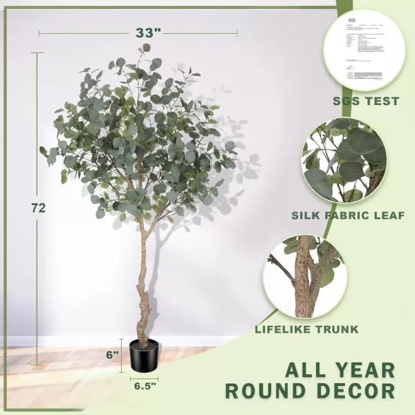 6ft Artificial Eucalyptus Tree in Plastic Nursery Pot Tall Faux Eucalyptus Stems Fake Plants with 846 Silver Dollar Leaves Artificial Trees for Office House Living Room Home Decor Indoor6ft