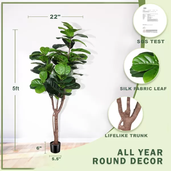 Artificial Fiddle Leaf Fig Tree  65ft Faux Ficus Lyrata Plant with 108 Fiddle Leaves Fake Fig Silk Tree in Pot Artificial Tree for Indoor Outdoor House Home Office Perfect Housewarming5ft