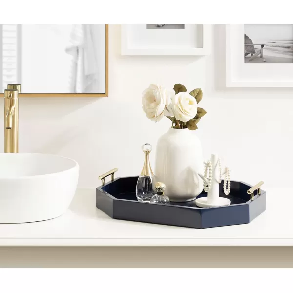 Kate And Laurel Lipton Oblong Octagon Decorative Tray 14 X 18 Navy and Gold Display Tray with Polished Metal Handles
