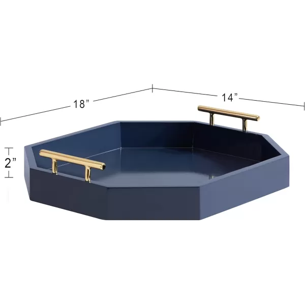 Kate And Laurel Lipton Oblong Octagon Decorative Tray 14 X 18 Navy and Gold Display Tray with Polished Metal Handles