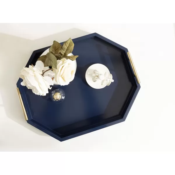 Kate And Laurel Lipton Oblong Octagon Decorative Tray 14 X 18 Navy and Gold Display Tray with Polished Metal Handles