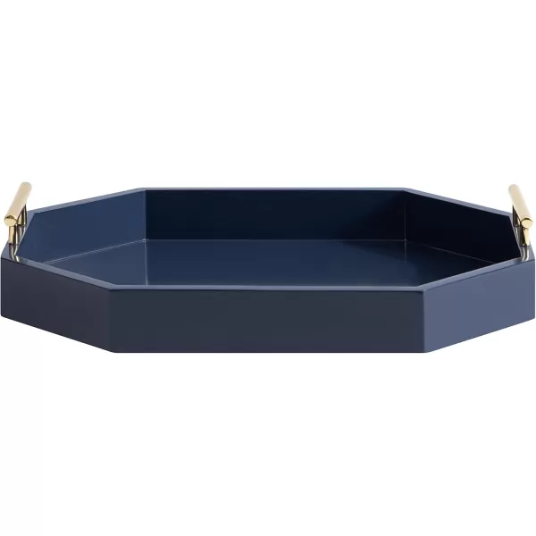 Kate And Laurel Lipton Oblong Octagon Decorative Tray 14 X 18 Navy and Gold Display Tray with Polished Metal Handles