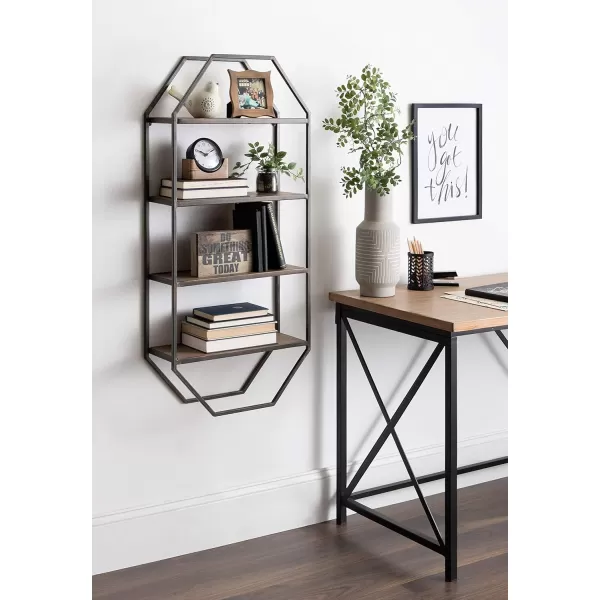 Kate and Laurel Adela Modern Octagon Wall Shelf 16 x 5 x 28 White and Gold Glam 2Tier Shelf for Storage and DisplayBrown