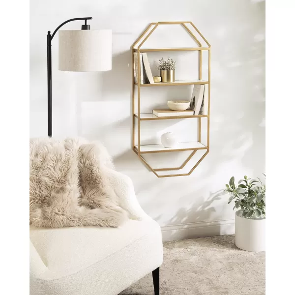 Kate and Laurel Adela Modern Octagon Wall Shelf 16 x 5 x 28 White and Gold Glam 2Tier Shelf for Storage and DisplayWhiteGold