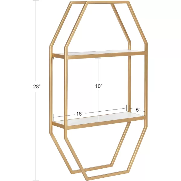 Kate and Laurel Adela Modern Octagon Wall Shelf 16 x 5 x 28 White and Gold Glam 2Tier Shelf for Storage and DisplayWhiteGold