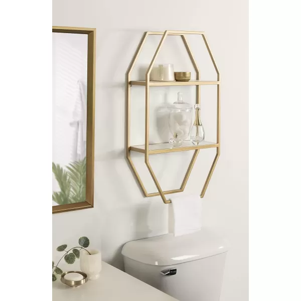 Kate and Laurel Adela Modern Octagon Wall Shelf 16 x 5 x 28 White and Gold Glam 2Tier Shelf for Storage and DisplayWhiteGold