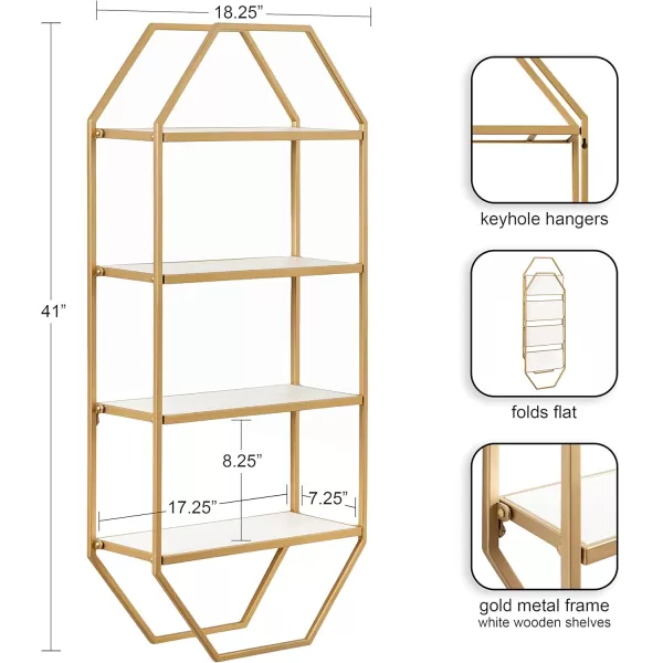 Kate and Laurel Adela Modern Octagon Wall Shelf 16 x 5 x 28 White and Gold Glam 2Tier Shelf for Storage and DisplayWhiteGold