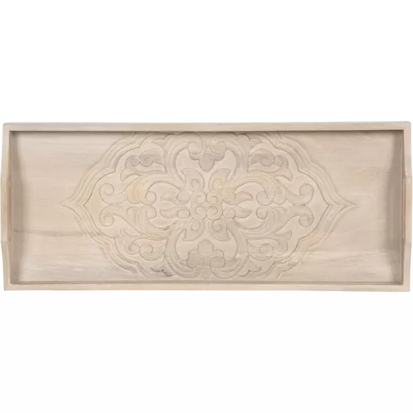 Kate and Laurel Adhira Carved Decorative Rectangle Tray 24 x 10 Natural Wood Traditional Display Tray with Handles and Hand Carved Wooden Pattern