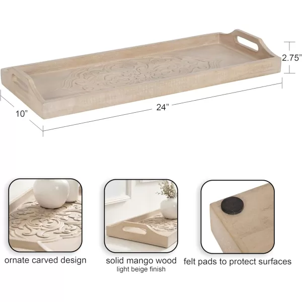 Kate and Laurel Adhira Carved Decorative Rectangle Tray 24 x 10 Natural Wood Traditional Display Tray with Handles and Hand Carved Wooden Pattern