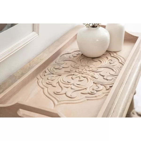 Kate and Laurel Adhira Carved Decorative Rectangle Tray 24 x 10 Natural Wood Traditional Display Tray with Handles and Hand Carved Wooden Pattern
