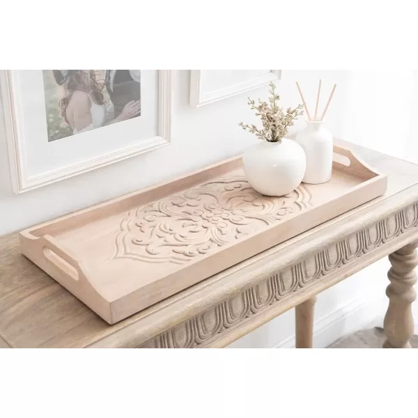 Kate and Laurel Adhira Carved Decorative Rectangle Tray 24 x 10 Natural Wood Traditional Display Tray with Handles and Hand Carved Wooden Pattern