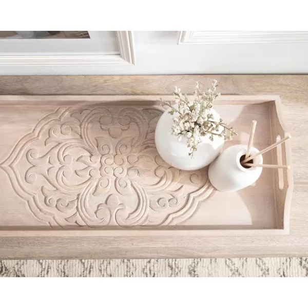 Kate and Laurel Adhira Carved Decorative Rectangle Tray 24 x 10 Natural Wood Traditional Display Tray with Handles and Hand Carved Wooden Pattern