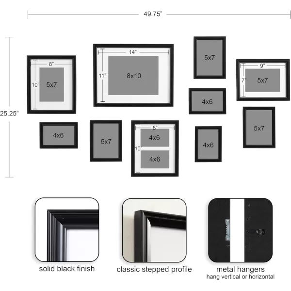 Kate and Laurel Adlynn Photo Frame Set Set of 10 Varying Sizes Gold Traditional Glam Frame Collection for WallBlack