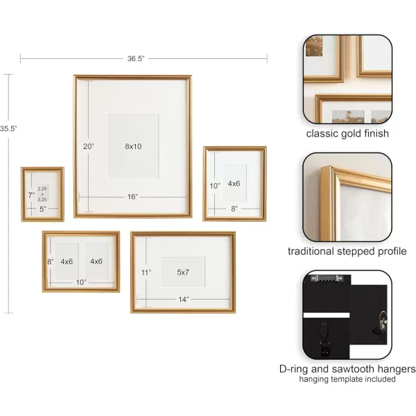 Kate and Laurel Adlynn Traditional Picture Frame Set Set of 5 Varying Sizes Gold Vintage Wall Frame Set Collection with Hanging Template for Gallery Wall Picture Frame Display