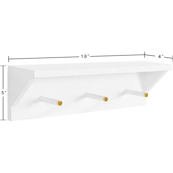 Kate and Laurel Adlynn Wood Wall Shelf with Pegs 18 x 4 x 5 White Functional Glam Storage Shelf with 3 Hooks