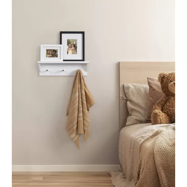 Kate and Laurel Adlynn Wood Wall Shelf with Pegs 18 x 4 x 5 White Functional Glam Storage Shelf with 3 Hooks