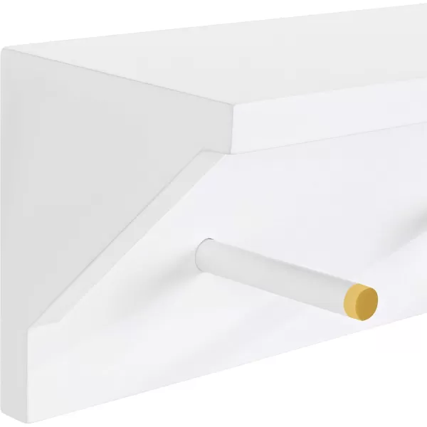 Kate and Laurel Adlynn Wood Wall Shelf with Pegs 18 x 4 x 5 White Functional Glam Storage Shelf with 3 Hooks
