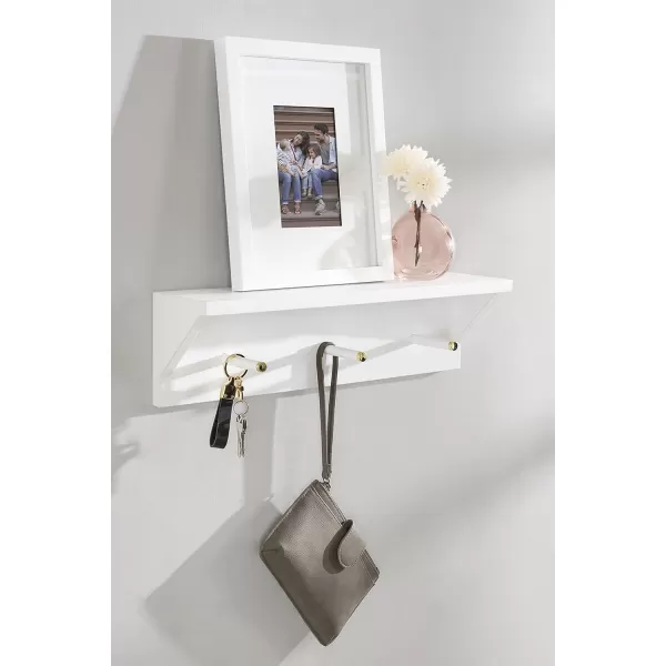 Kate and Laurel Adlynn Wood Wall Shelf with Pegs 18 x 4 x 5 White Functional Glam Storage Shelf with 3 Hooks