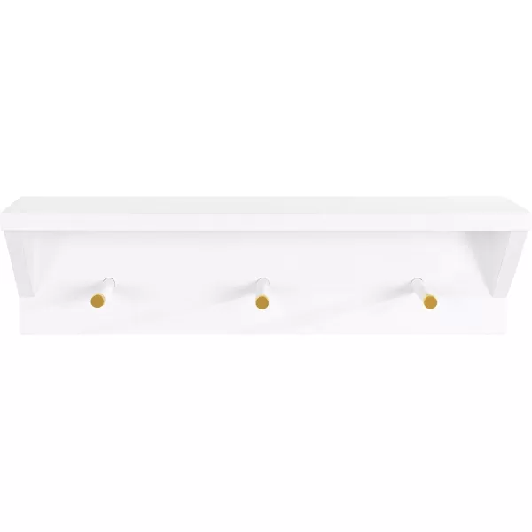 Kate and Laurel Adlynn Wood Wall Shelf with Pegs 18 x 4 x 5 White Functional Glam Storage Shelf with 3 Hooks