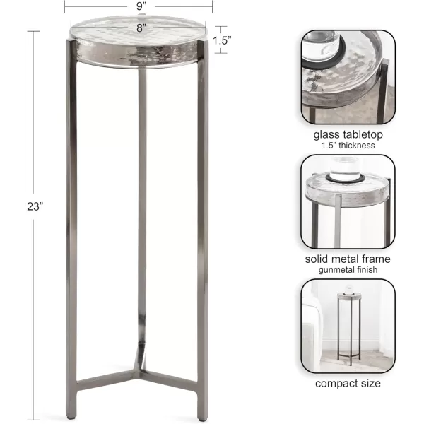 Kate and Laurel Aguilar Modern Round Drink Table 8 x 8 x 23 Blue and Silver Small Accent Table for Use as Plant Pedestal Stand with Agate Stone TabletopPewter