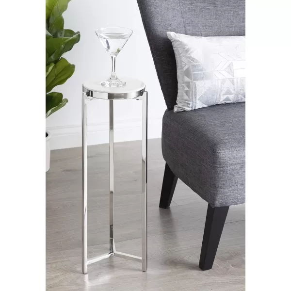 Kate and Laurel Aguilar Modern Round Drink Table 8 x 8 x 23 Blue and Silver Small Accent Table for Use as Plant Pedestal Stand with Agate Stone TabletopSilverWhite
