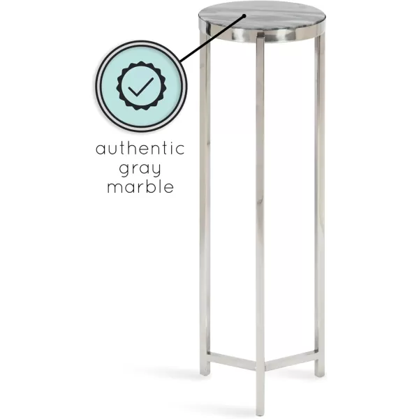 Kate and Laurel Aguilar Modern Round Drink Table 8 x 8 x 23 Blue and Silver Small Accent Table for Use as Plant Pedestal Stand with Agate Stone TabletopSilverGray