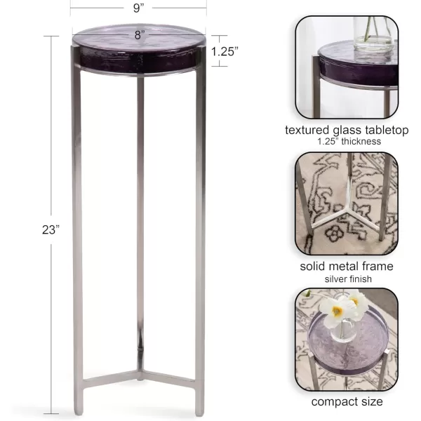 Kate and Laurel Aguilar Modern Round Drink Table 8 x 8 x 23 Blue and Silver Small Accent Table for Use as Plant Pedestal Stand with Agate Stone TabletopSilverPurple Glass