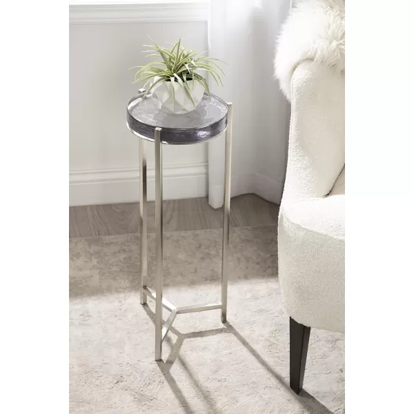 Kate and Laurel Aguilar Modern Round Drink Table 8 x 8 x 23 Blue and Silver Small Accent Table for Use as Plant Pedestal Stand with Agate Stone TabletopGraySilver