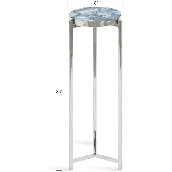 Kate and Laurel Aguilar Modern Round Drink Table 8 x 8 x 23 Blue and Silver Small Accent Table for Use as Plant Pedestal Stand with Agate Stone TabletopBlueSilver
