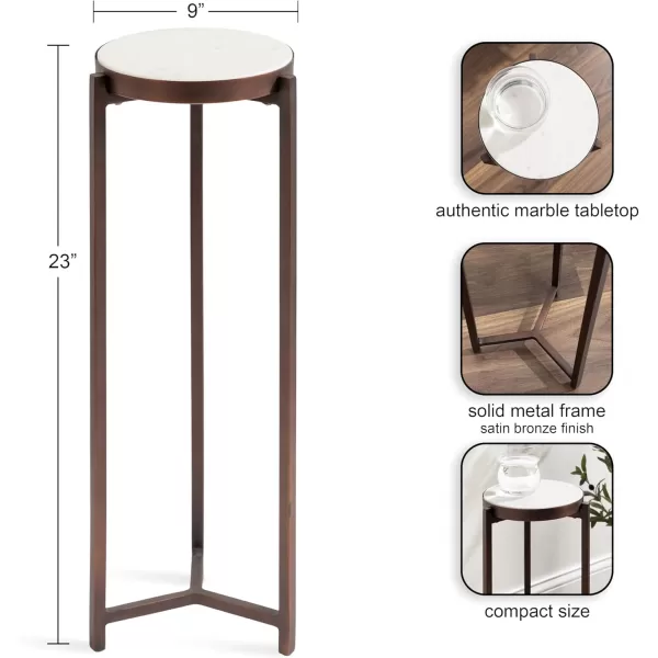 Kate and Laurel Aguilar Modern Round Drink Table 8 x 8 x 23 Blue and Silver Small Accent Table for Use as Plant Pedestal Stand with Agate Stone TabletopBronzeWhite