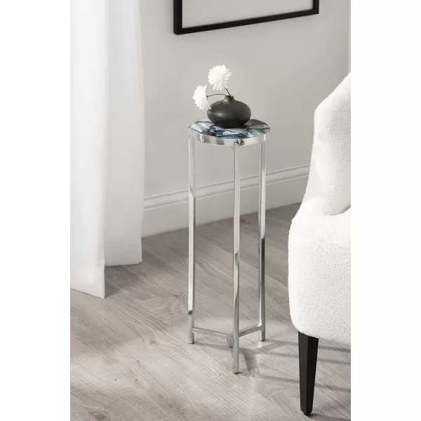 Kate and Laurel Aguilar Modern Round Drink Table 8 x 8 x 23 Blue and Silver Small Accent Table for Use as Plant Pedestal Stand with Agate Stone TabletopBlueSilver