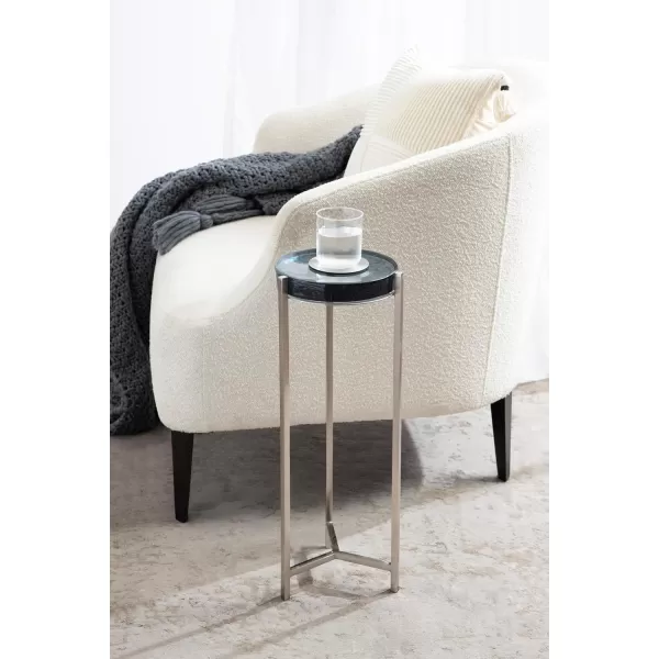 Kate and Laurel Aguilar Modern Round Drink Table 8 x 8 x 23 Blue and Silver Small Accent Table for Use as Plant Pedestal Stand with Agate Stone TabletopSilverBlue Glass