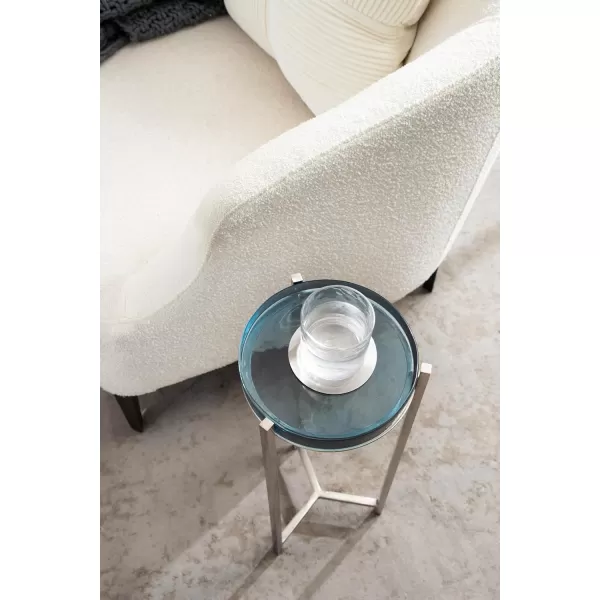 Kate and Laurel Aguilar Modern Round Drink Table 8 x 8 x 23 Blue and Silver Small Accent Table for Use as Plant Pedestal Stand with Agate Stone TabletopSilverBlue Glass