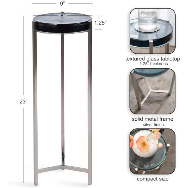 Kate and Laurel Aguilar Modern Round Drink Table 8 x 8 x 23 Blue and Silver Small Accent Table for Use as Plant Pedestal Stand with Agate Stone TabletopSilverBlue Glass