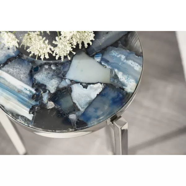 Kate and Laurel Aguilar Modern Round Drink Table 8 x 8 x 23 Blue and Silver Small Accent Table for Use as Plant Pedestal Stand with Agate Stone TabletopBlueSilver