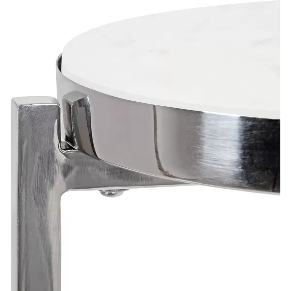 Kate and Laurel Aguilar Modern Round Drink Table 8 x 8 x 23 Blue and Silver Small Accent Table for Use as Plant Pedestal Stand with Agate Stone TabletopSilverWhite
