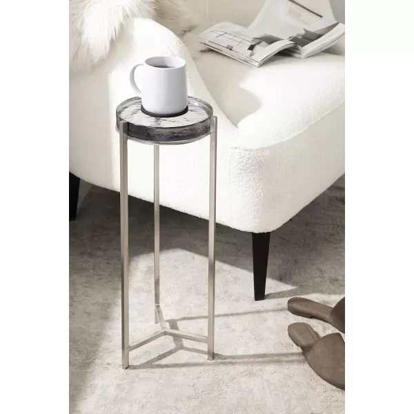 Kate and Laurel Aguilar Modern Round Drink Table 8 x 8 x 23 Blue and Silver Small Accent Table for Use as Plant Pedestal Stand with Agate Stone TabletopGraySilver