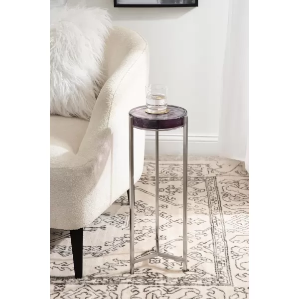 Kate and Laurel Aguilar Modern Round Drink Table 8 x 8 x 23 Blue and Silver Small Accent Table for Use as Plant Pedestal Stand with Agate Stone TabletopSilverPurple Glass