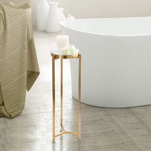 Kate and Laurel Aguilar Modern Round Drink Table 8 x 8 x 23 Blue and Silver Small Accent Table for Use as Plant Pedestal Stand with Agate Stone TabletopWhiteGold