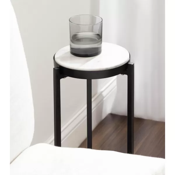 Kate and Laurel Aguilar Modern Round Drink Table 8 x 8 x 23 Blue and Silver Small Accent Table for Use as Plant Pedestal Stand with Agate Stone TabletopBlackWhite
