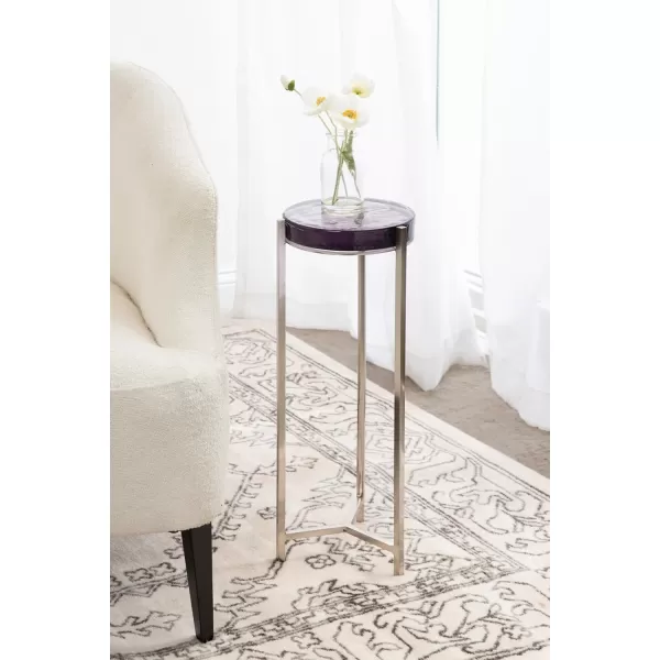 Kate and Laurel Aguilar Modern Round Drink Table 8 x 8 x 23 Blue and Silver Small Accent Table for Use as Plant Pedestal Stand with Agate Stone TabletopSilverPurple Glass