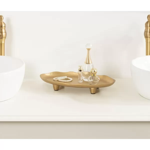 Kate and Laurel Alessia Modern Decorative Scalloped Oval Footed Metal Tray 14 x 8 Bronze Transitional FoodSafe Cast Aluminum Pedestal Tray with Rough Texture and Deckled EdgeGold