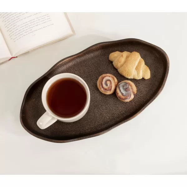 Kate and Laurel Alessia Modern Decorative Scalloped Oval Footed Metal Tray 14 x 8 Bronze Transitional FoodSafe Cast Aluminum Pedestal Tray with Rough Texture and Deckled EdgeBronze